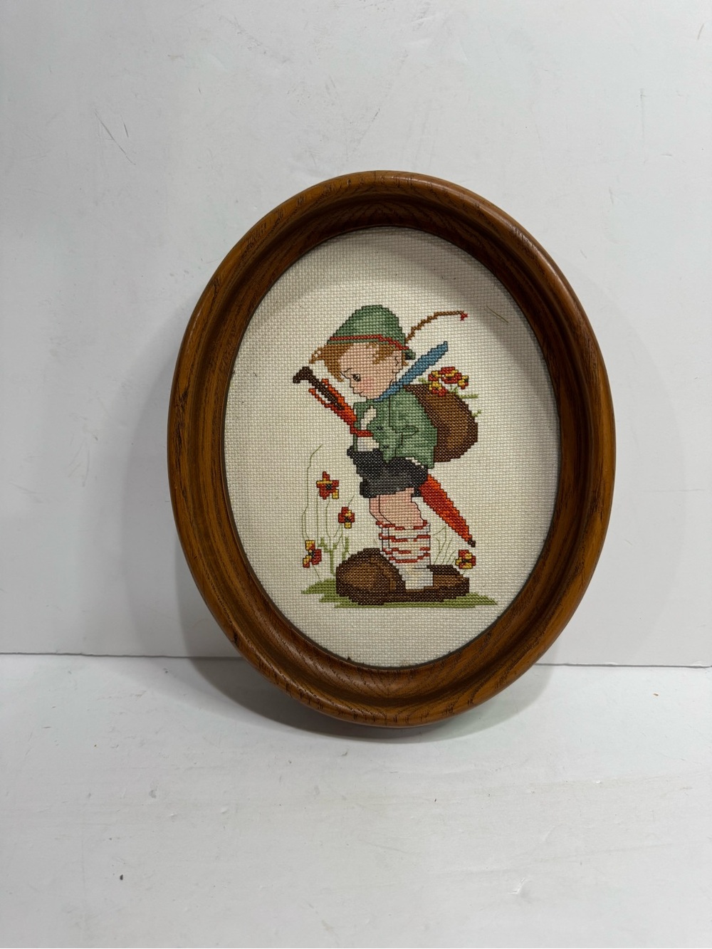 Framed Vintage Hand-Stitched Needlepoint Boy with Backpack Wall Art